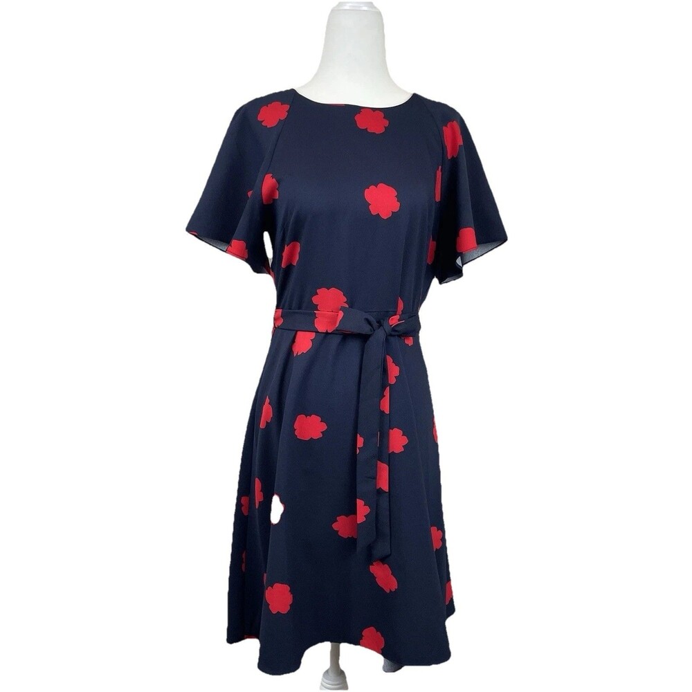 Banana Republic Navy Red Floral Short Sleeve Mini Fit & Flare Teacher Career-6